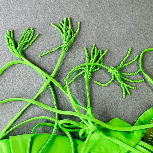 Farm Rio Ruffle Midi Dress Size M Satin Strappy Back Lime Green Plunge New Tags - Picture 13 of 16